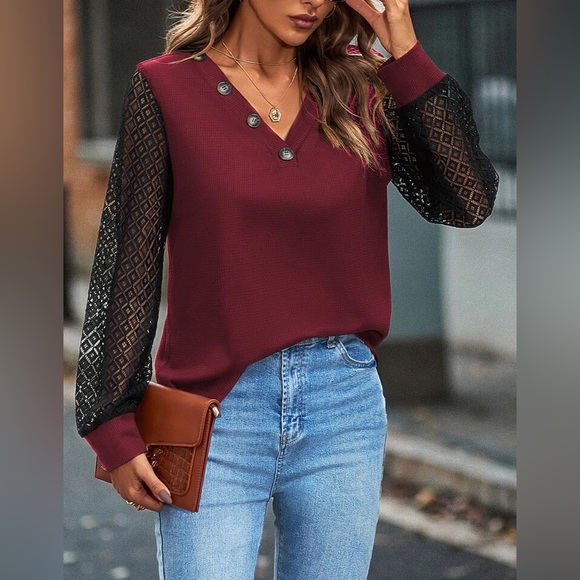 💖 NEW!! Burgundy Lace Sleeve Blouse - Picture 5 of 10